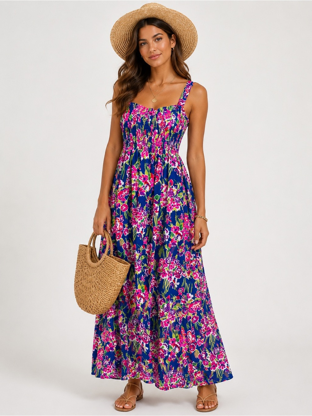Lanz Originals Floral Smocked Maxi Dress Blue Pink Sleeveless Cottagecore S/M